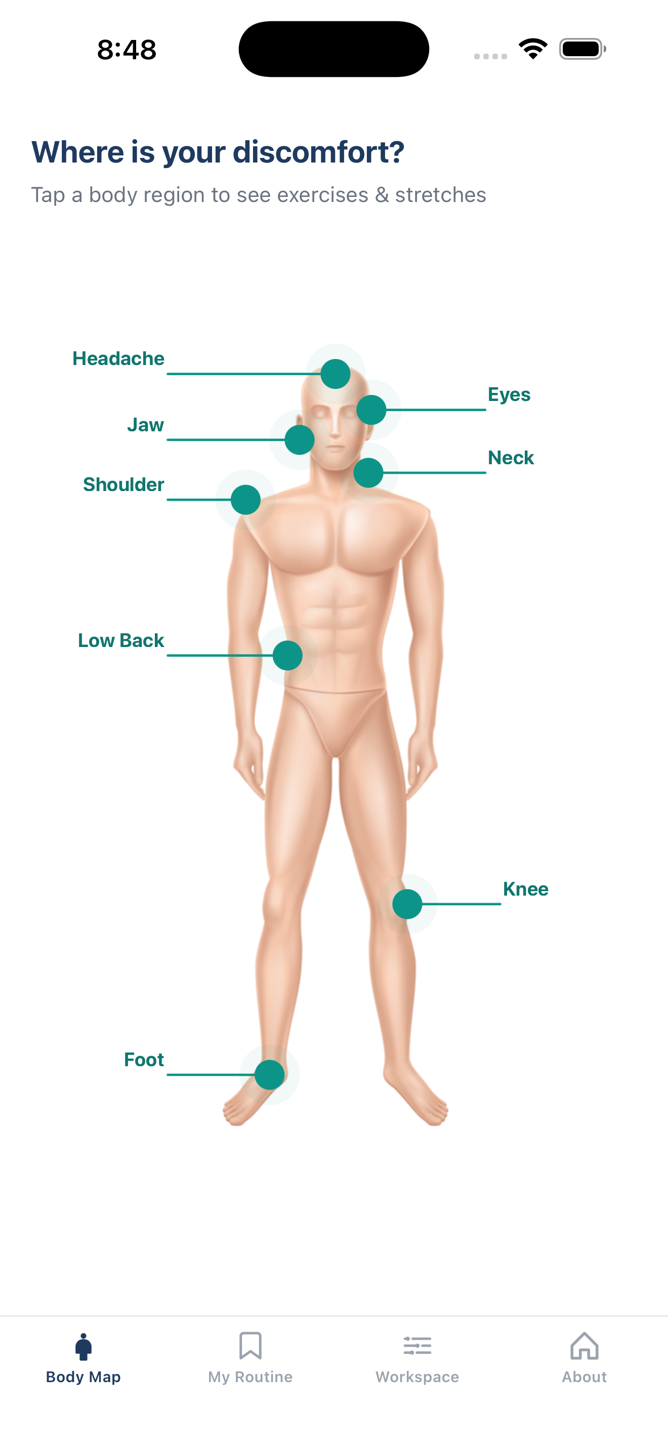 ErgoSherpa app body map screen